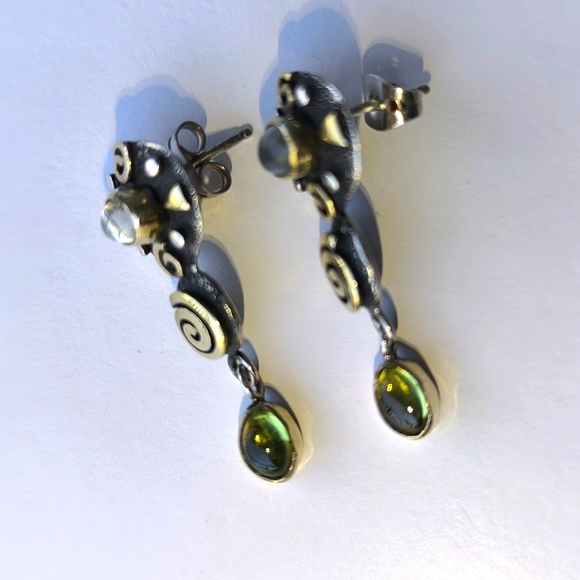 Natural Moonstone Peridot In Sterling Silver Gold Plated Accents Stud Earrings - Picture 4 of 10